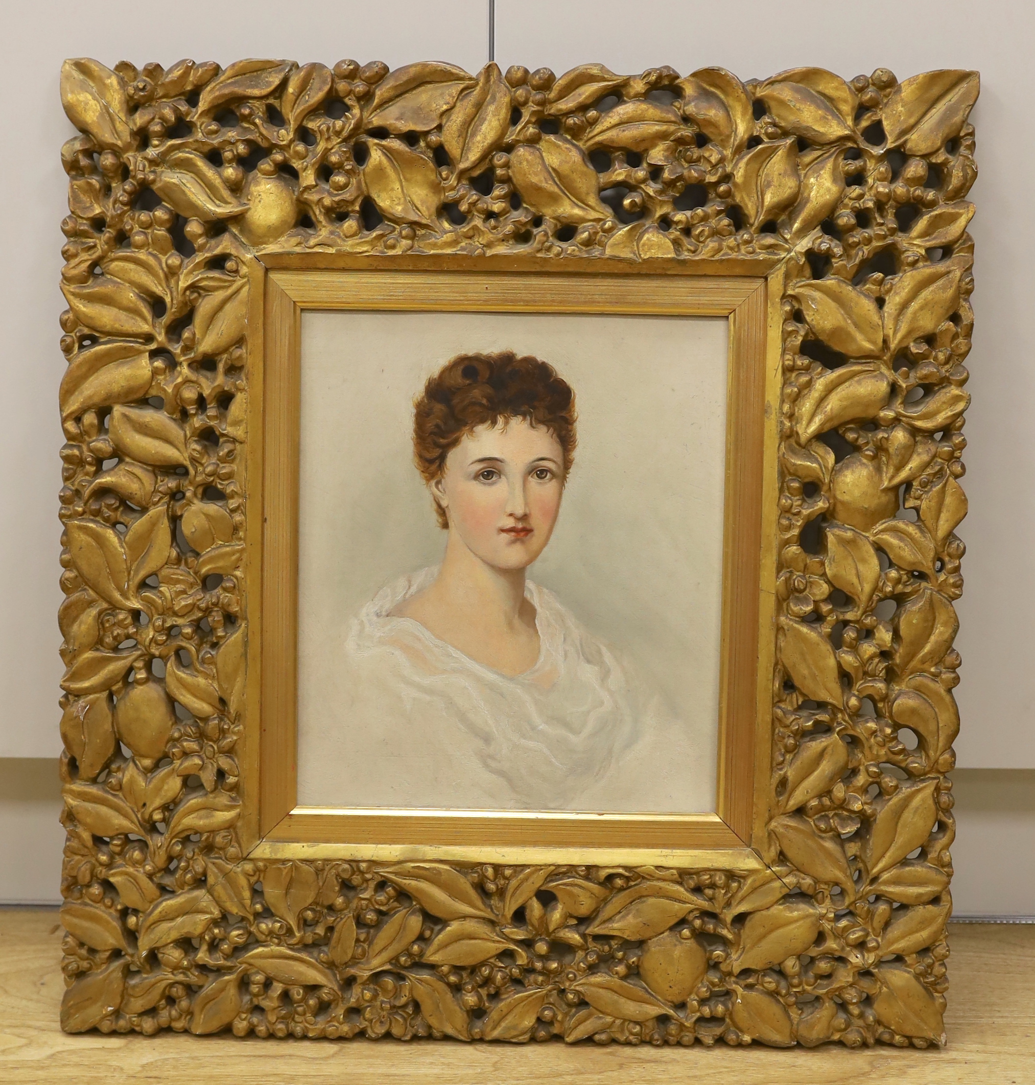 Oil on canvas, Portrait of a lady, housed in an ornate gilt frame, 33 x 28cm